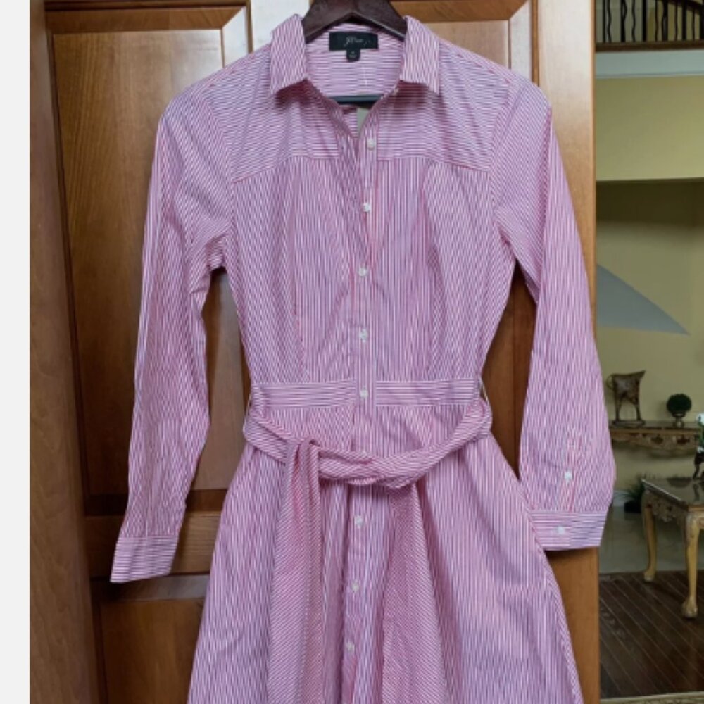J. Crew Tie Waist Shirt Dress Red White Stripe Pockets Size 4 runs small